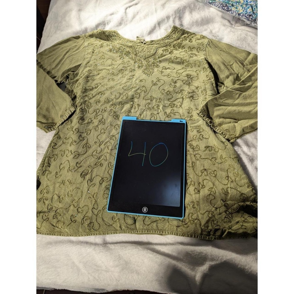 F&S Tunic Top Women XL Green Good Embroidered Sequin Long Sleeve Boho